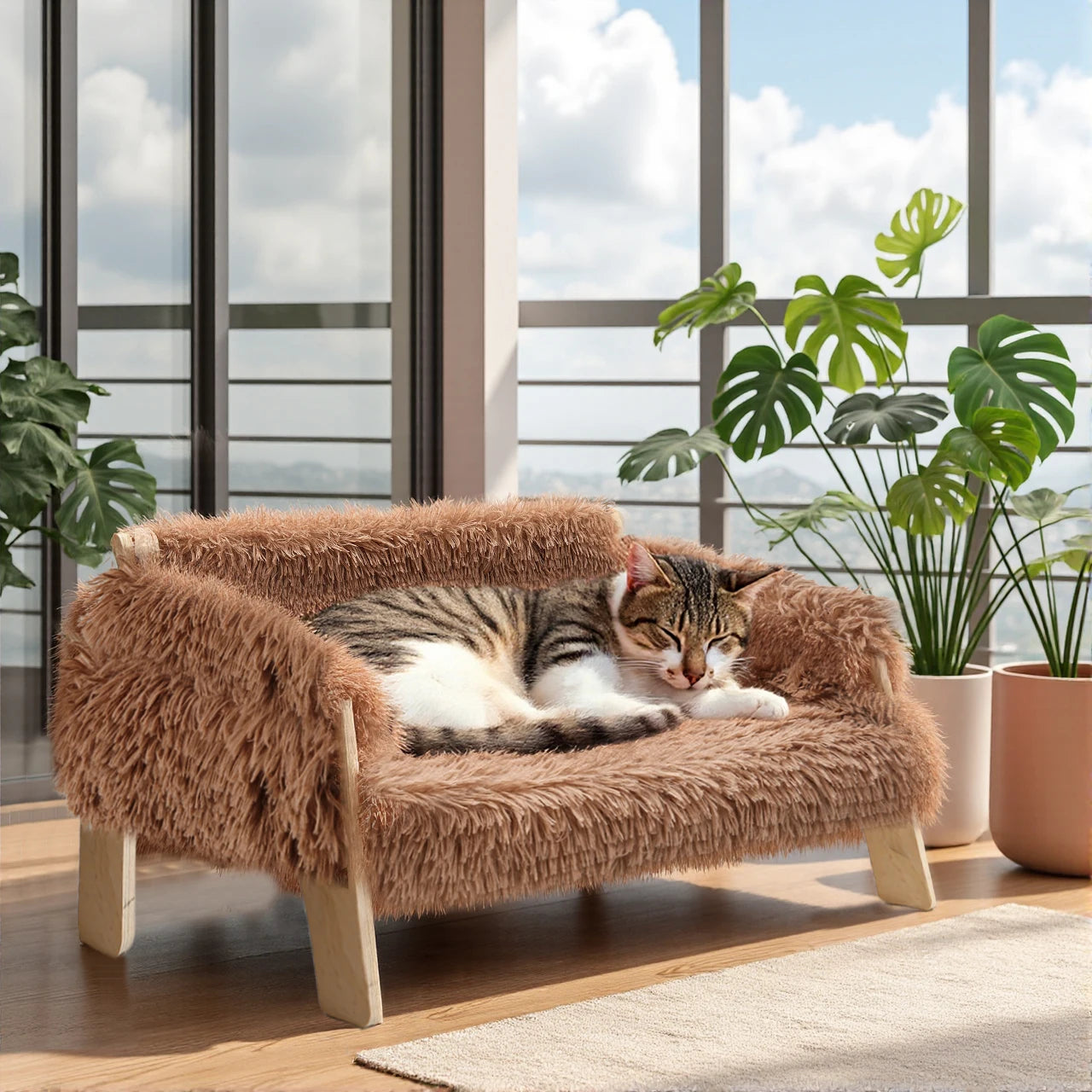 Large Cat Bed Sturdy Wooden Leg Raised Plush Cat Sofa Bed Kitten Bed for Indoor Cats - Soft Cat Couch by PawHaven