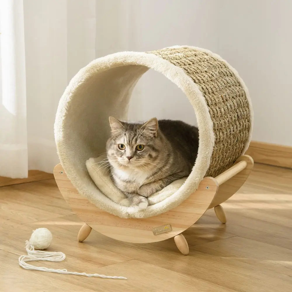 Raised Cat House Kitten Bed Pet Shelter Wrapped with Scratcher Soft Cushion, 41 x 38 x 43 cm, Beige by PawHaven