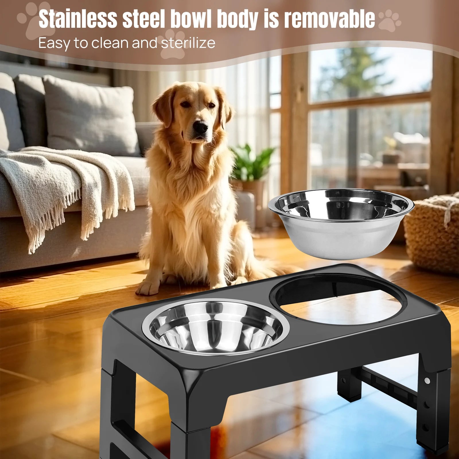 Elevated Dog Feeder Bowls Adjustable Raised Stand with Double Stainless Steel Food Water Bowls Small Medium Large Dogs by PawHaven