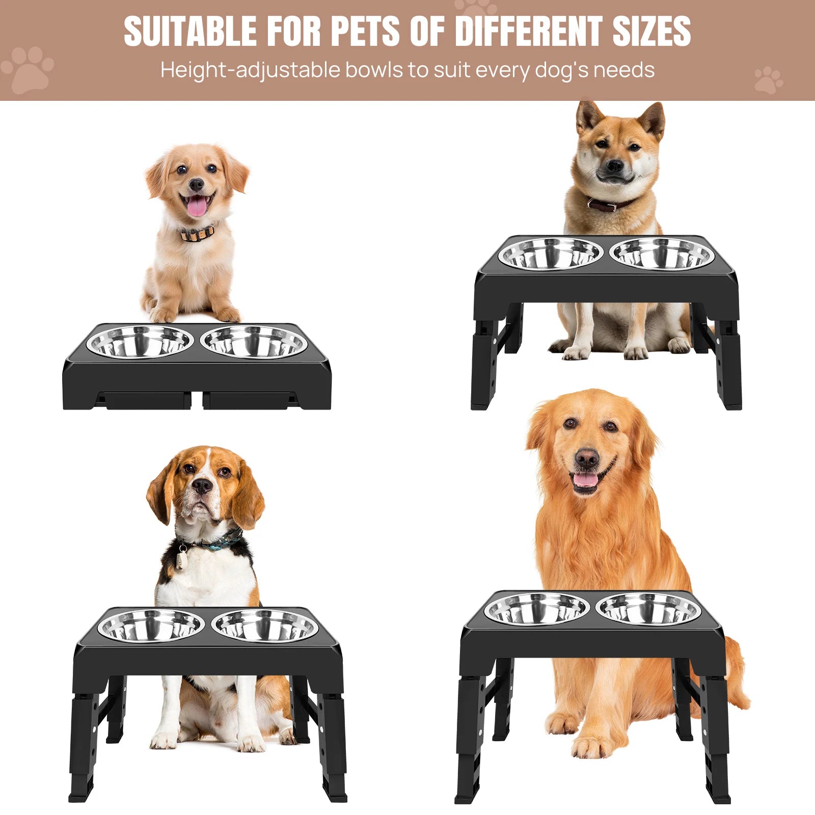 Elevated Dog Feeder Bowls Adjustable Raised Stand with Double Stainless Steel Food Water Bowls Small Medium Large Dogs by PawHaven