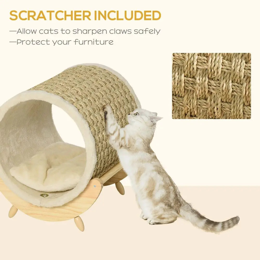 Raised Cat House Kitten Bed Pet Shelter Wrapped with Scratcher Soft Cushion, 41 x 38 x 43 cm, Beige by PawHaven