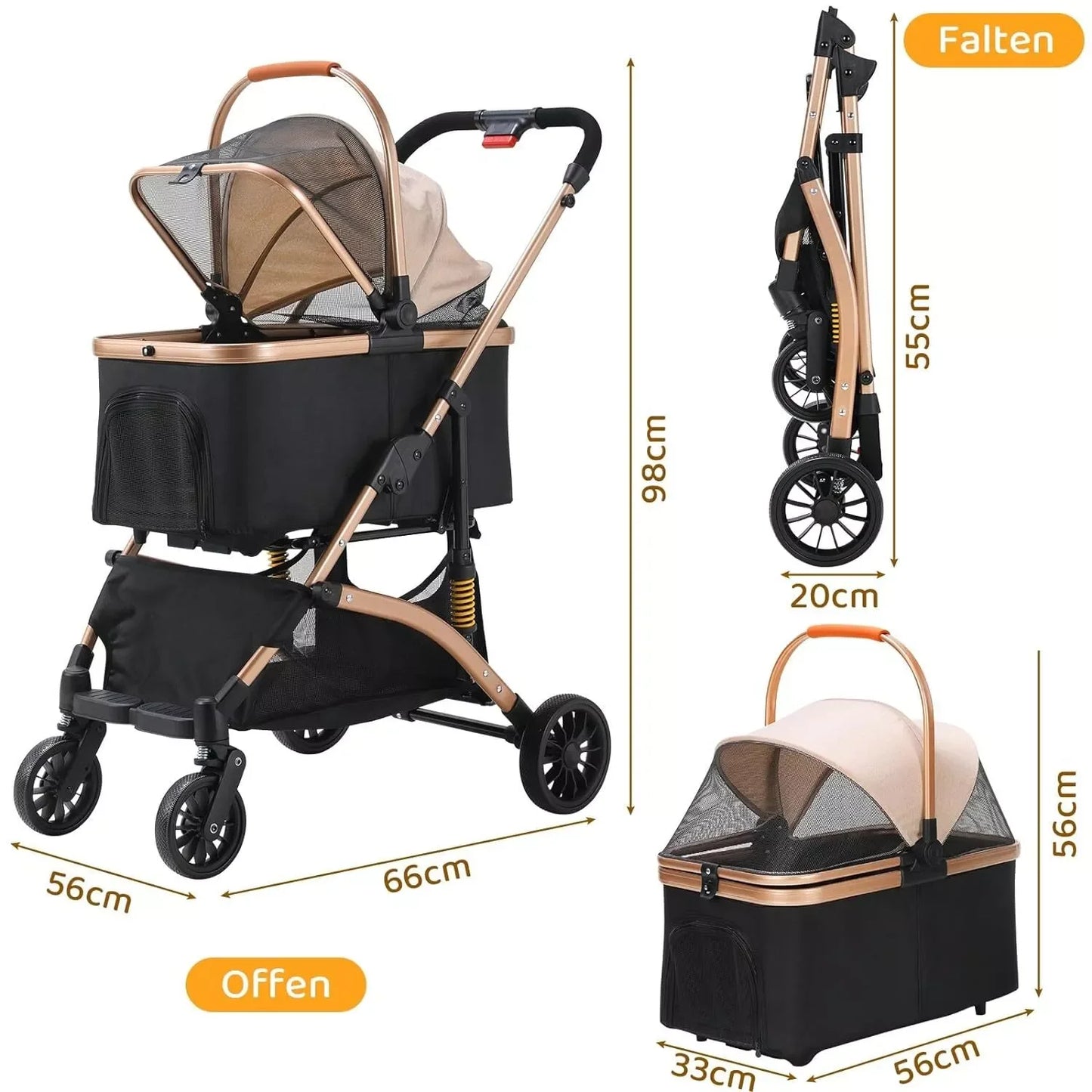 Dog Buggy 2 in 1 Stroller Dog Box Transport Foldable Cat Stroller, 360° Wear-resistant Rubber Wheels, with Storage Basket by PawHaven