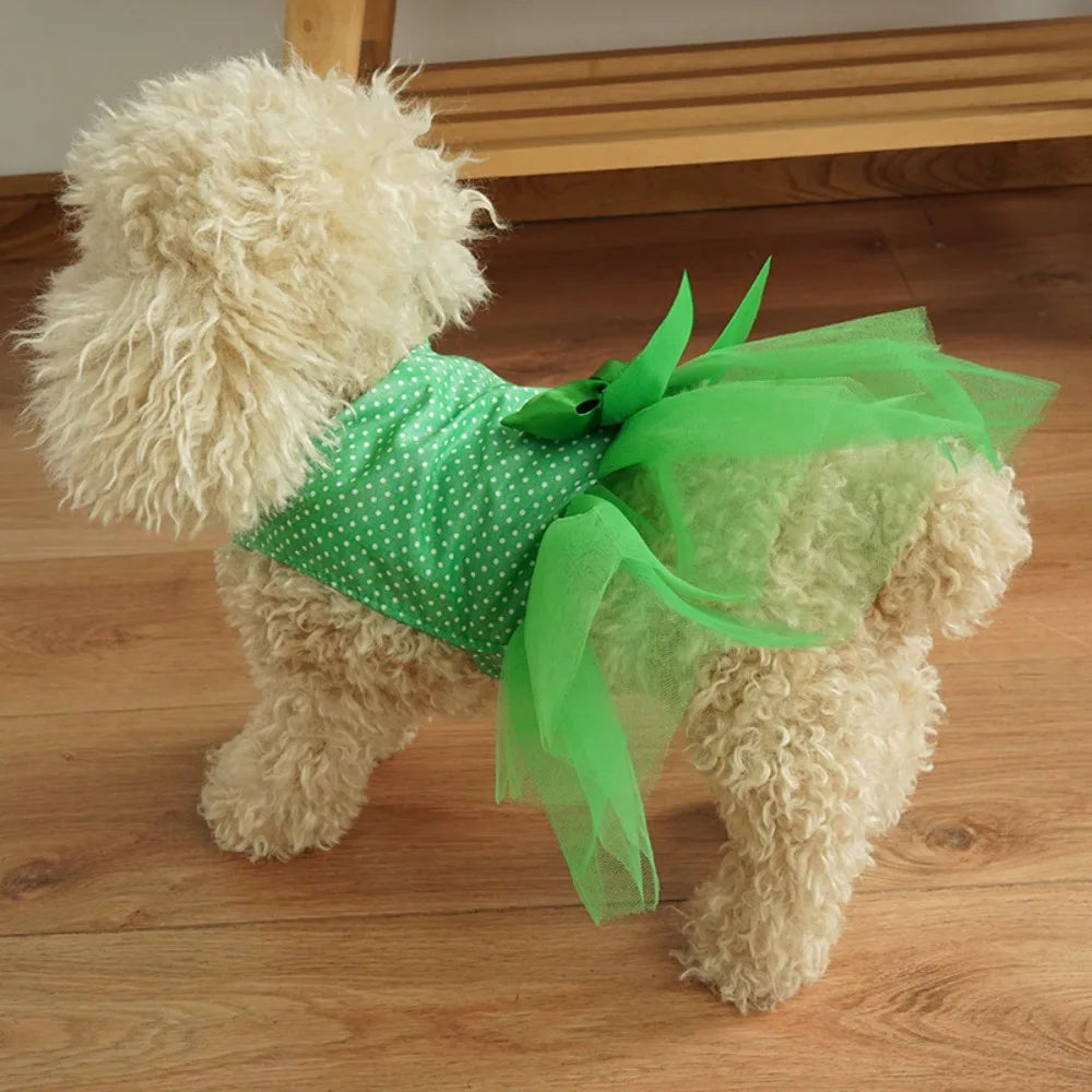 Cute Green Polka Dot Pet Dog Tutu Dress, Big Bow Tulle Skirt Puppy Outfit, Sweet Princess Pet Apparel for Small Dogs & Cats Wear by PawHaven