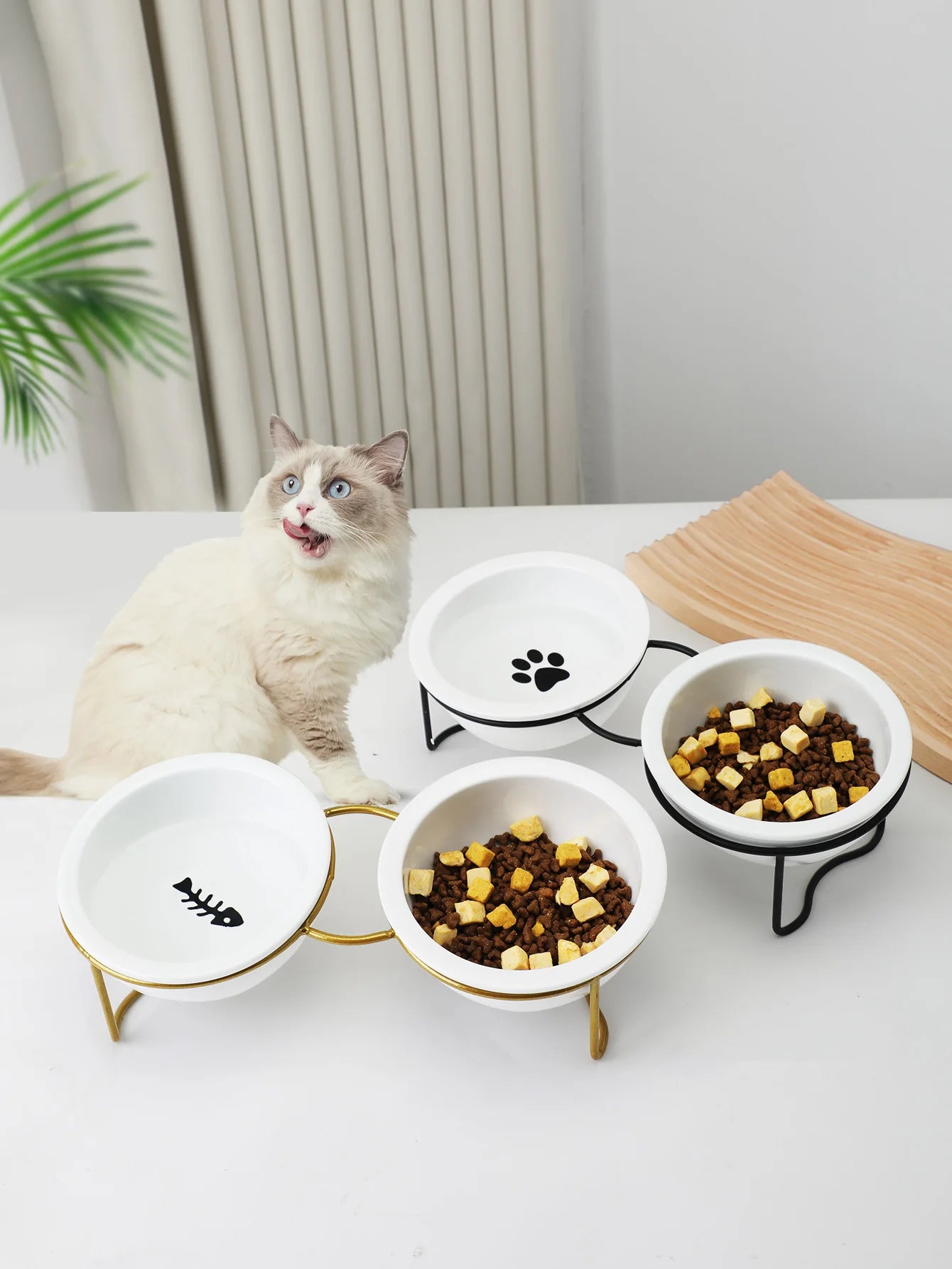 1 Set Elevated Ceramic Cat Bowls 1 Set Non-Slip Ceramic Cat Food And Water Bowls With Iron Bracket, Elevated Tilted Cat Feeder by PawHaven