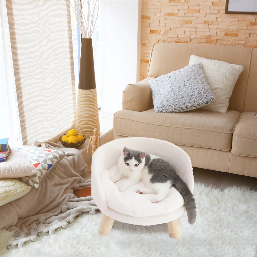 Luxury Cat Bed Soft Warm Plush Fabric Pet Nesting Chair Bed Stool Wood Legs with Cushion Pad Washable Waterproof for Small Pets by PawHaven