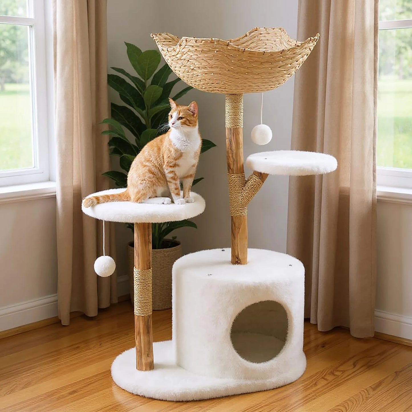 Real Wood Modern Cat Tree Tower With Wicker Condo Scratching Post Bed Boho Luxury Pet Furniture Indoor Cats Space-Saving by PawHaven