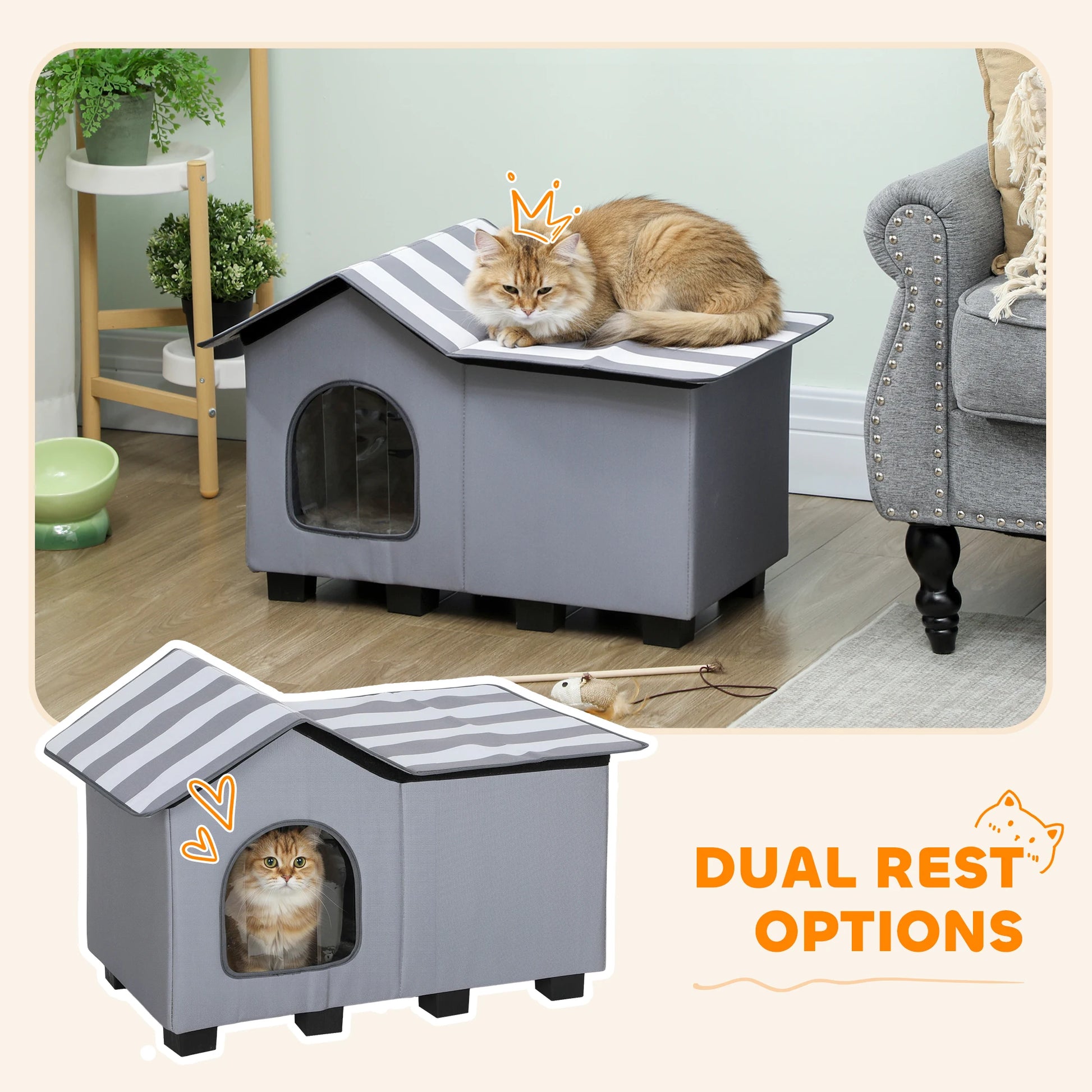 PawHut Outdoor Cat House, Feral Cat Cave with Elevated Base, Grey by PawHaven