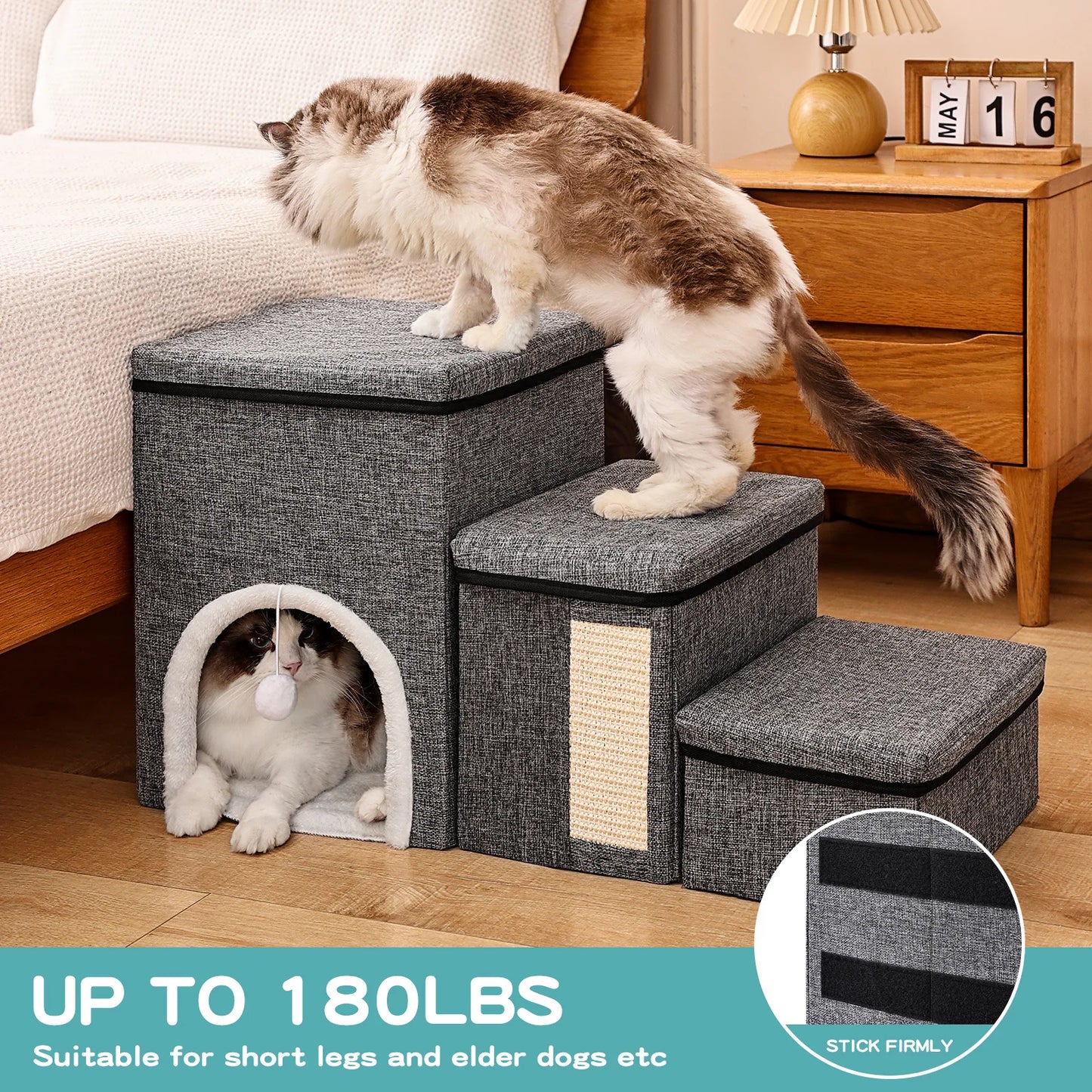 Dog Stairs for Small Dogs, 3 Steps Pet Stairs / Cat Stairs for Bed and Sofa, Folding Stairs with Cat Dog Cave, Non-Slip Base by PawHaven