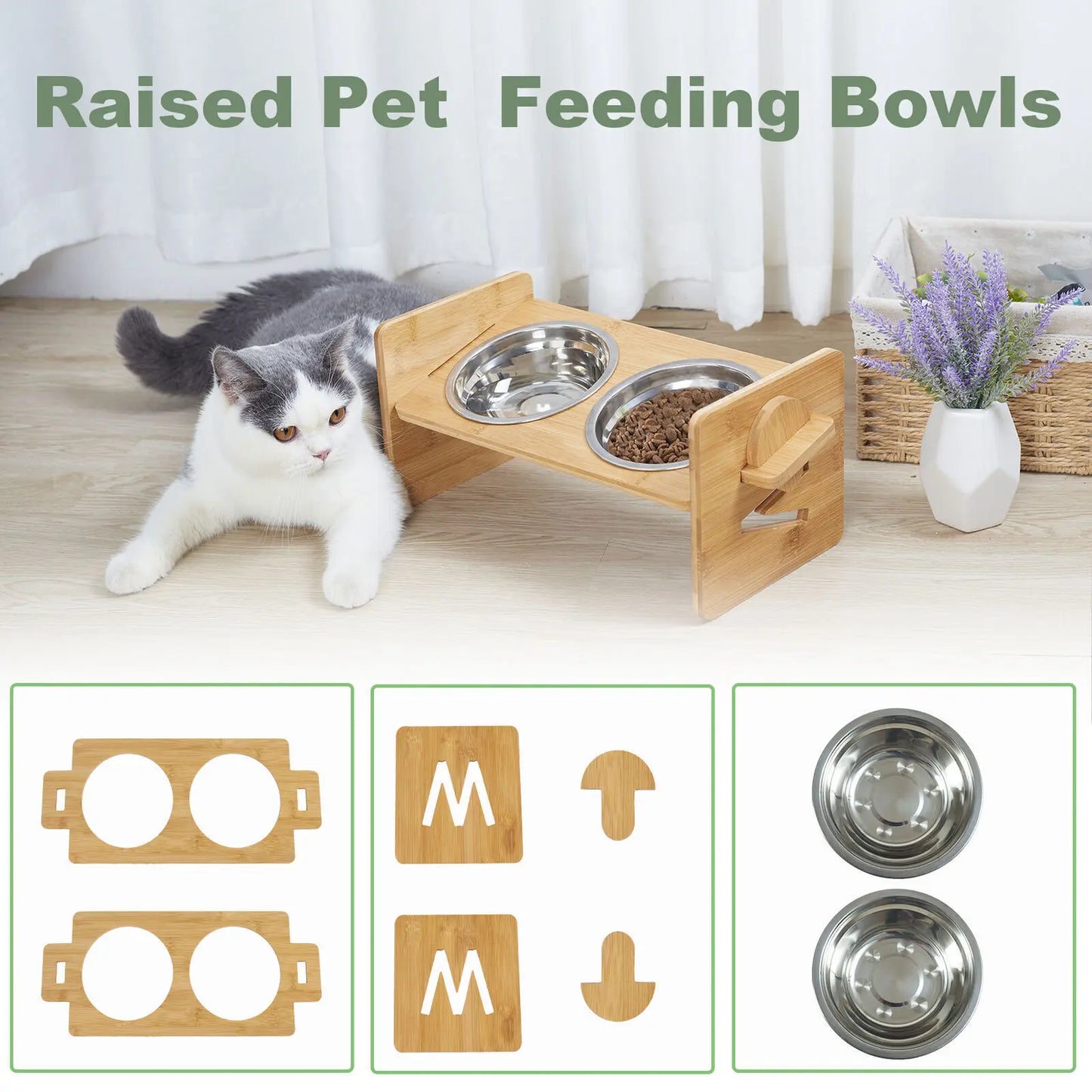 Wooden Raised Cat Bowls, Food Container, Drinking Dish, Bamboo Stand, Stainless Bowl, Height Adjustable by PawHaven