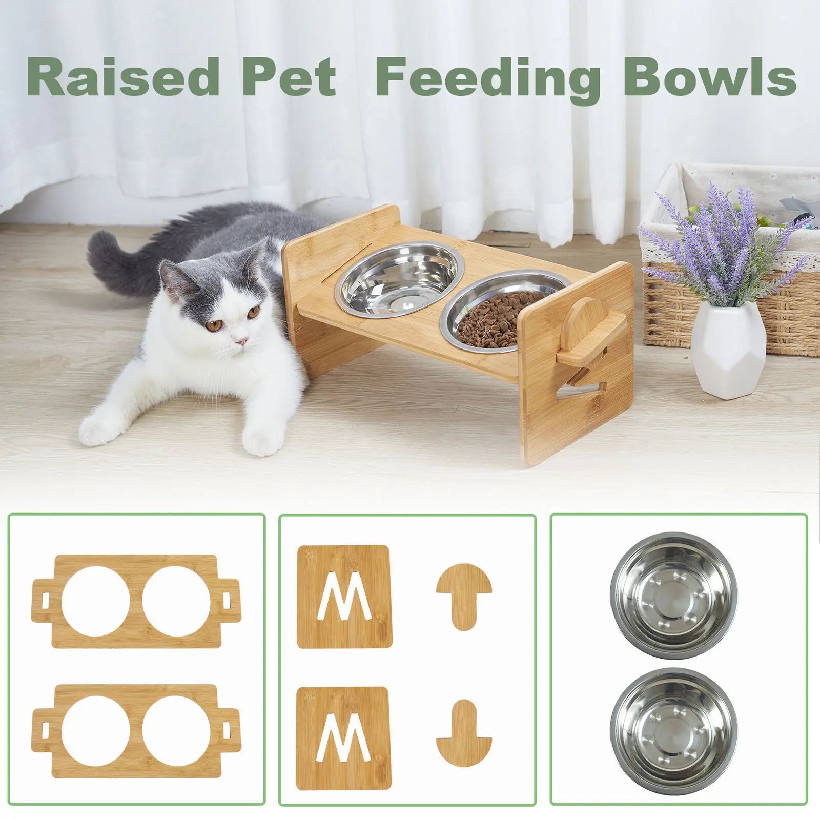 Wooden Raised Cat Bowls, Food Container, Drinking Dish, Bamboo Stand, Stainless Bowl, Height Adjustable by PawHaven