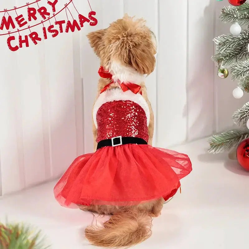 Bow & Belt Design Christmas Sequin Tutu Dog Dress, Red Velvet Halter Skirt, Holiday Pet Outfit for Small/Medium Dogs, by PawHaven