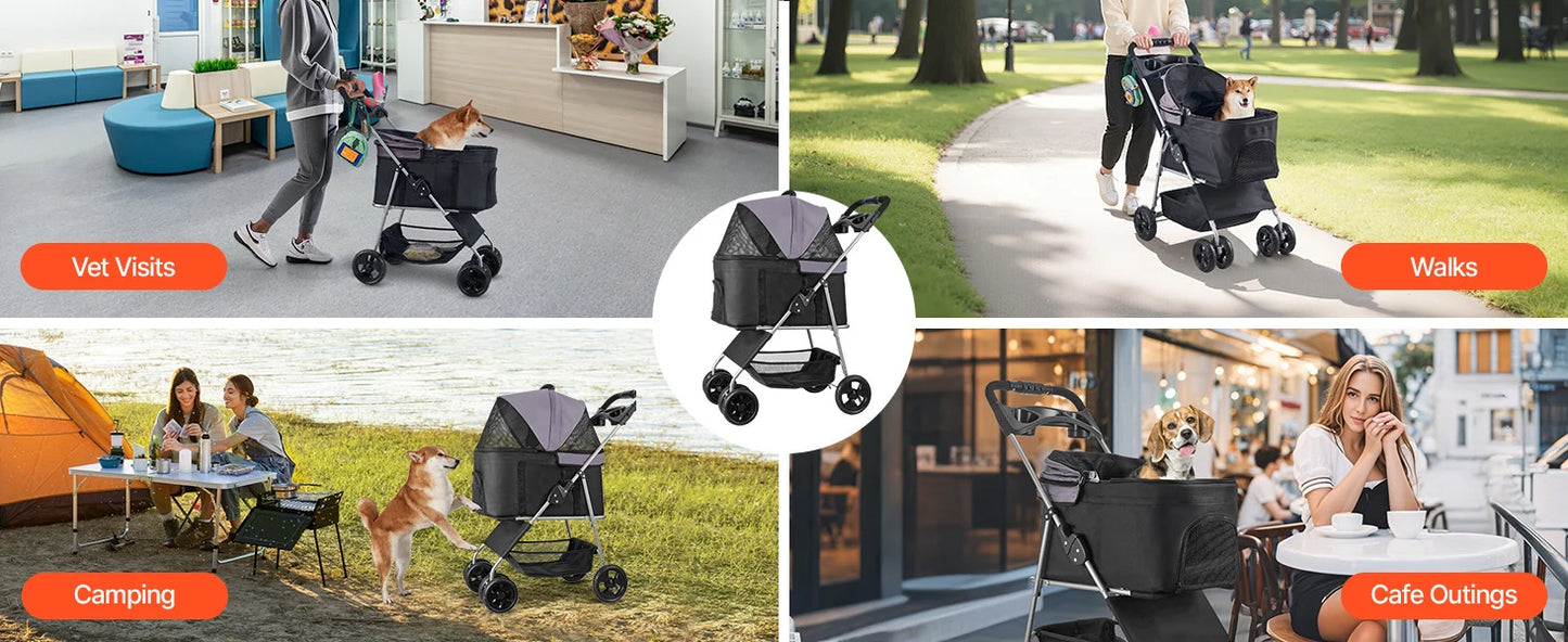SucceBuy Pet Stroller 35 lbsDog Stroller Cart 4 Wheels Cats Pram w/Carrier & Mesh Animal Carrier w/Brake Small to Medium Pet by PawHaven
