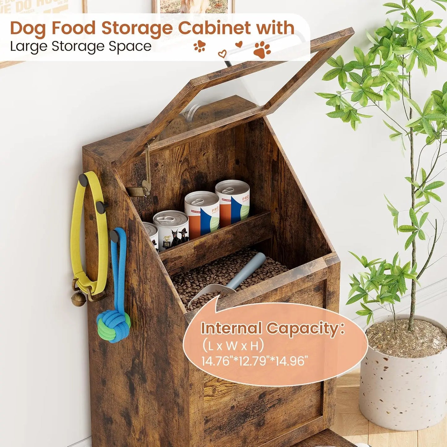 Dog Feeding Station with 2 Elevated Dog Bowls Flip Top Pet Food Cabinet Pet Food Container Pet Toys Storage Organizer by PawHaven