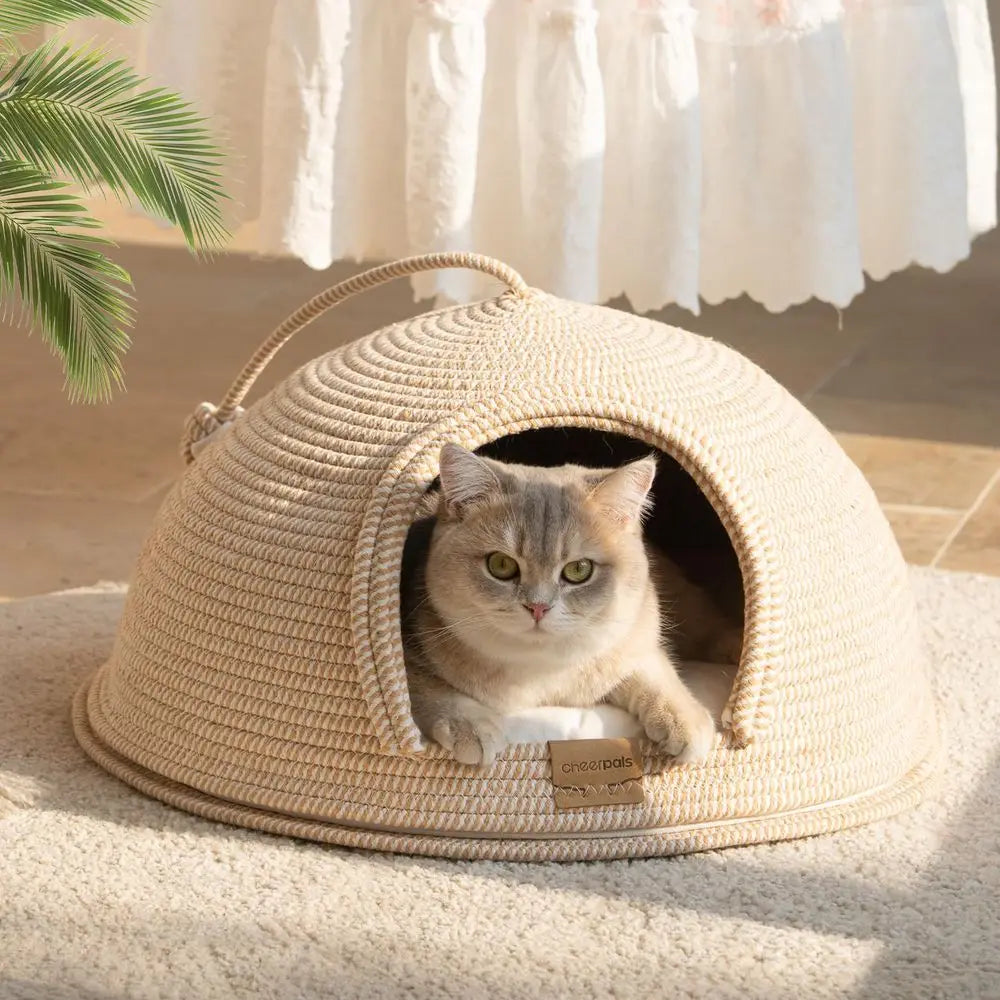 Cat Cave Bed amp Igloo Hideaway Durable Woven Yarn Cat House for Indoor Cats, ScratchResistant Hard Shell Nest with Washable Cu by PawHaven