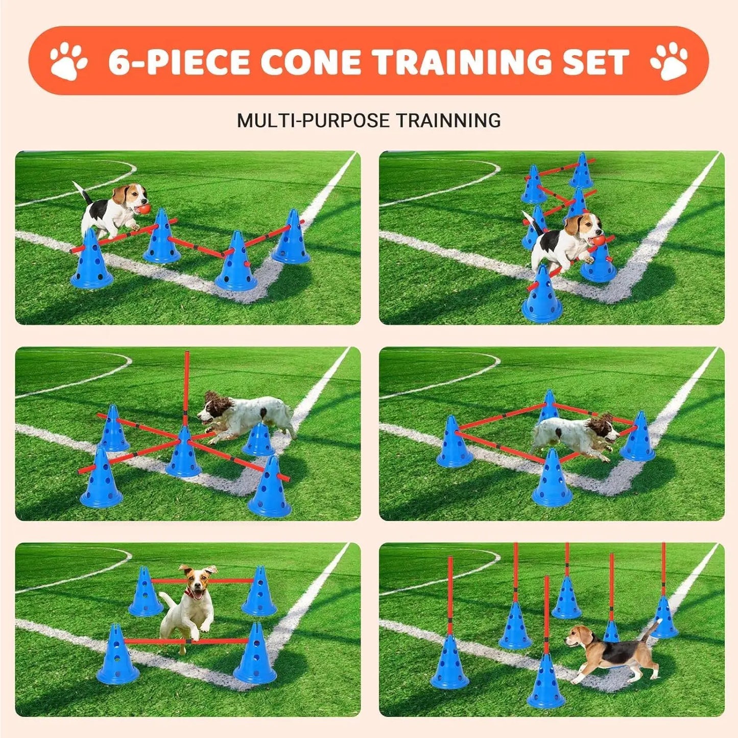 Dog Agility Hurdle Cone Set Dog Agility Course Set with 12 Cones 6 Rods Dog Agile Training Equipment for Outdoor Backyard by PawHaven