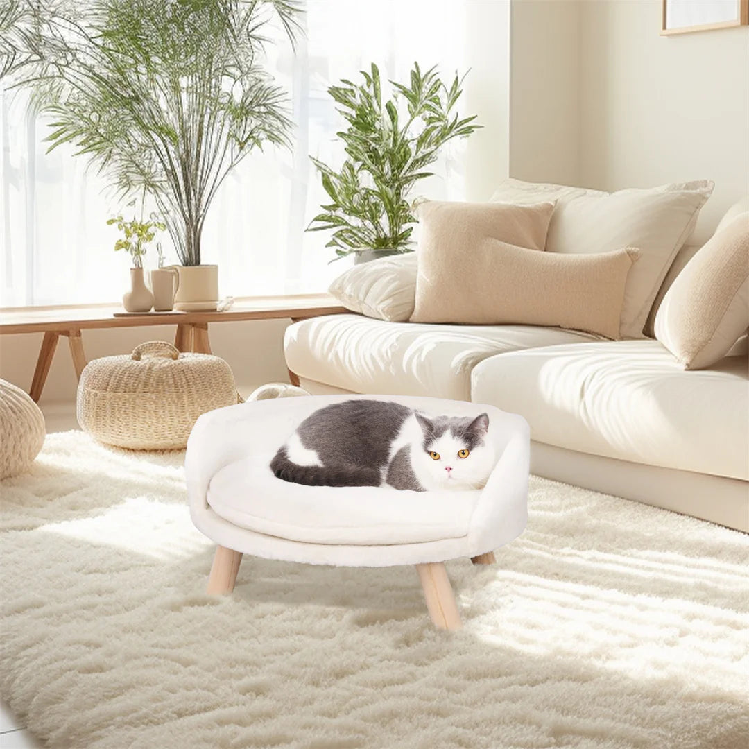 Luxury Cat Bed Soft Warm Plush Fabric Pet Nesting Chair Bed Stool Wood Legs with Cushion Pad Washable Waterproof for Small Pets by PawHaven