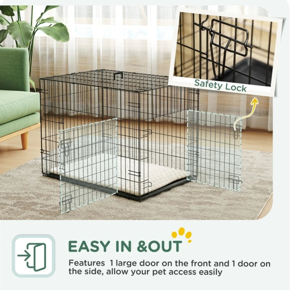 PINGGO Foldable Dog Crate with 2 Doors with Tray, Soft Cushion, for Small Dogs, 76 x 53 x 60, Detachable, easy to clean ，Black by PawHaven