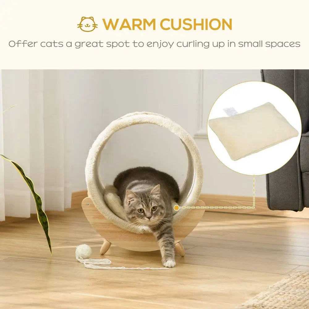 Raised Cat House Kitten Bed Pet Shelter Wrapped with Scratcher Soft Cushion, 41 x 38 x 43 cm, Beige by PawHaven