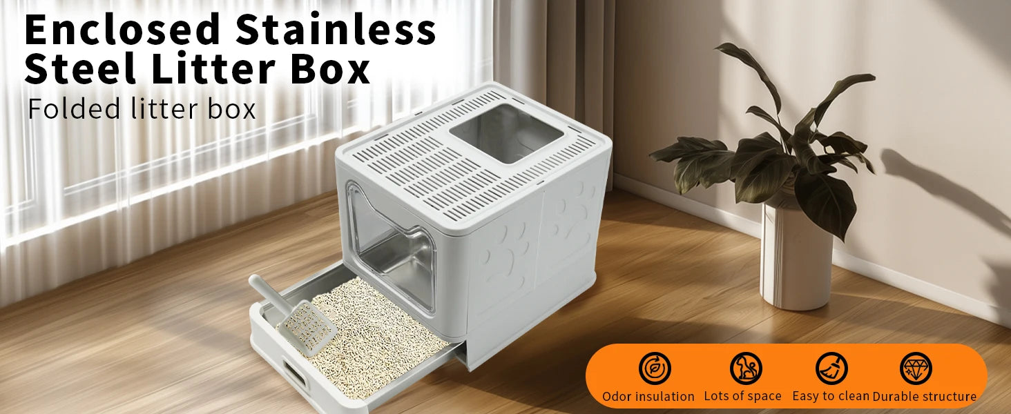 Bingopaw Detachable Enclosed Cat Litter Box with Stainless Steel Pan Front Entry Toilet Box with Litter Scoop for Kittens by PawHaven