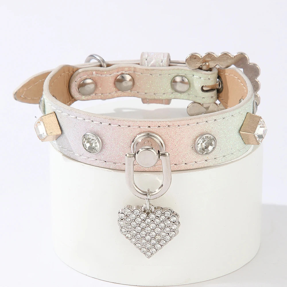 PU Dog Collar Artificial Leather Rhinestone Puppy Necklace Pendant Pet Cat Collar by PawHaven