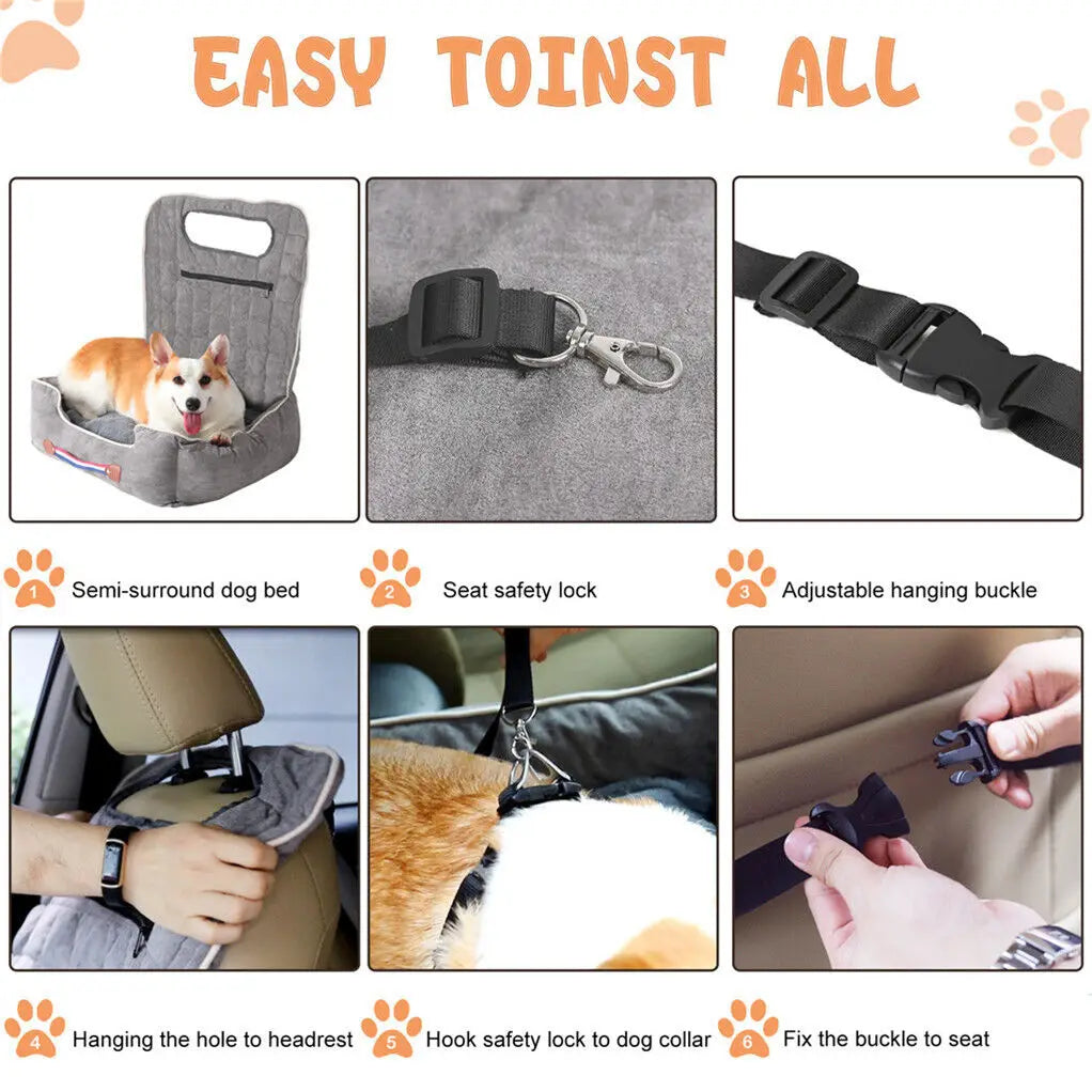 Dog Car Seat Protector Travel Anti-Slip Pet Booster Seat with Storage Pockets and Safety Leash Car Carrier Bed Hold 14kg by PawHaven