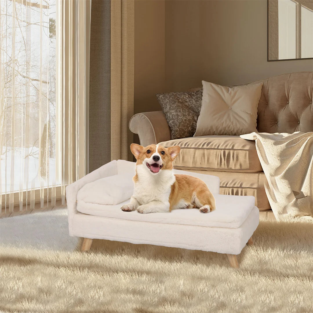 L Shape Dog Sofa Bed Cat Cushion Chaise Stool Soft Warm Nesting Couch with Rubber Wooden Legs by PawHaven