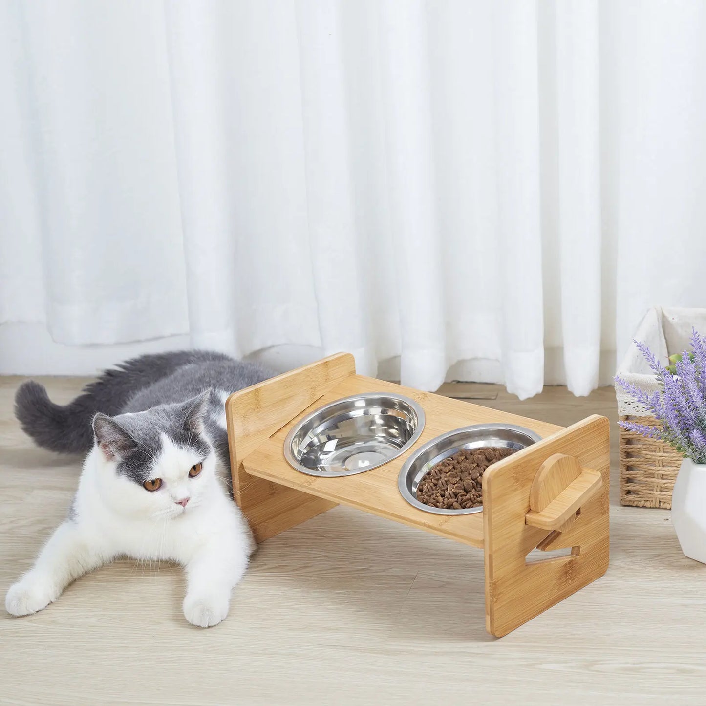 Wooden Raised Cat Bowls, Food Container, Drinking Dish, Bamboo Stand, Stainless Bowl, Height Adjustable by PawHaven