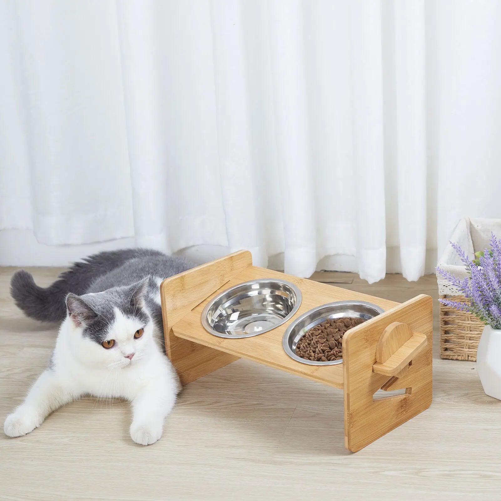 Wooden Raised Cat Bowls, Food Container, Drinking Dish, Bamboo Stand, Stainless Bowl, Height Adjustable by PawHaven