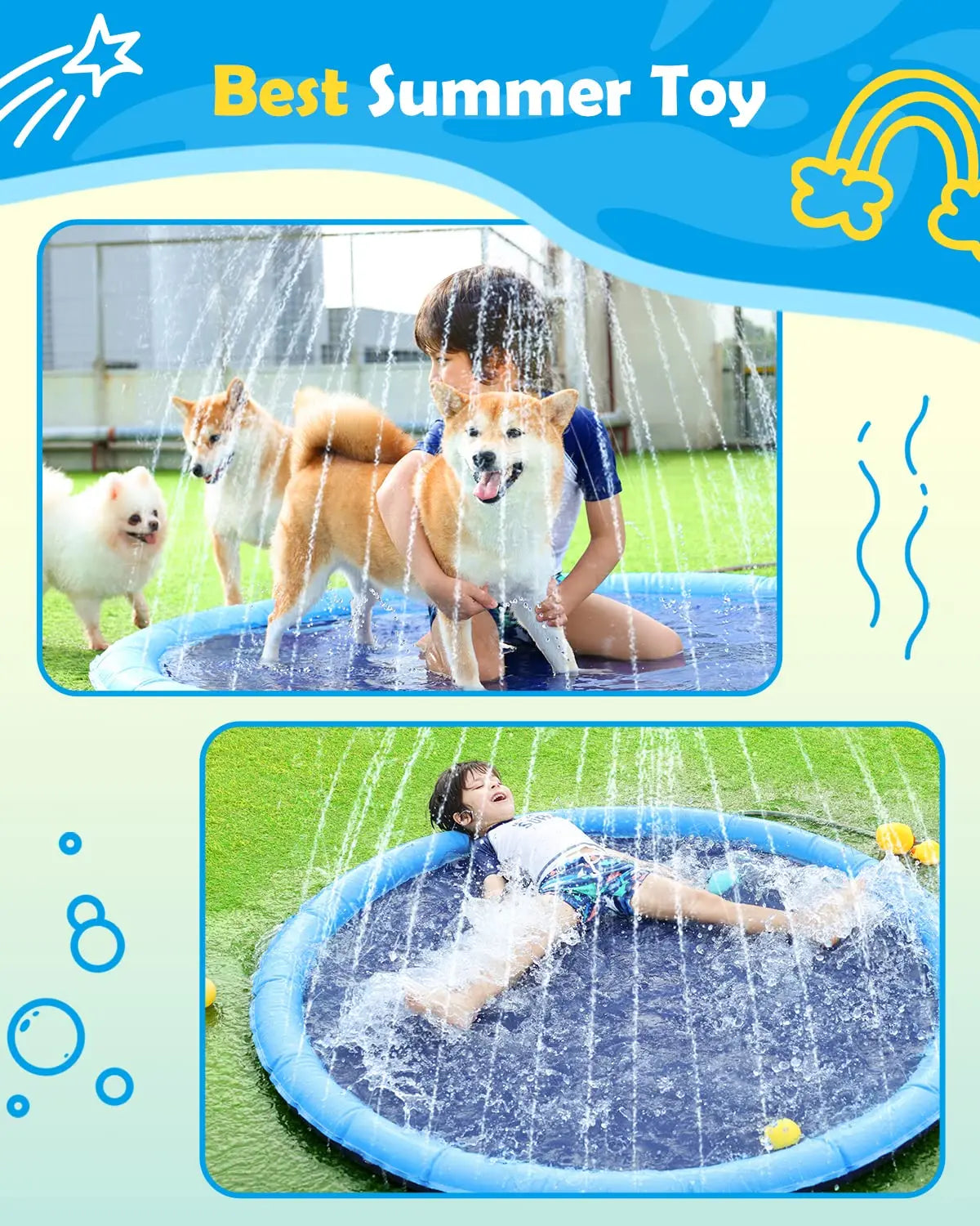 Dog Splash Pad Thick Sprinkler Pool Toy Anti-Slip Outdoor Summer Sprinkler Water Toy for Backyard Fountain Play Mat for Children by PawHaven