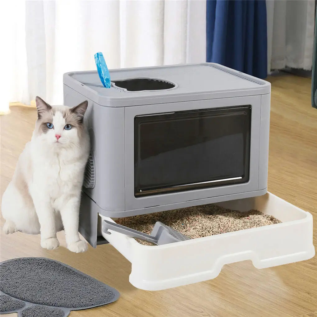 Foldable Cat Litter Box Front Entry & Top Exit Toilet Boxes with Scoop Enclosed Kitty Toilet Tray Pan by PawHaven