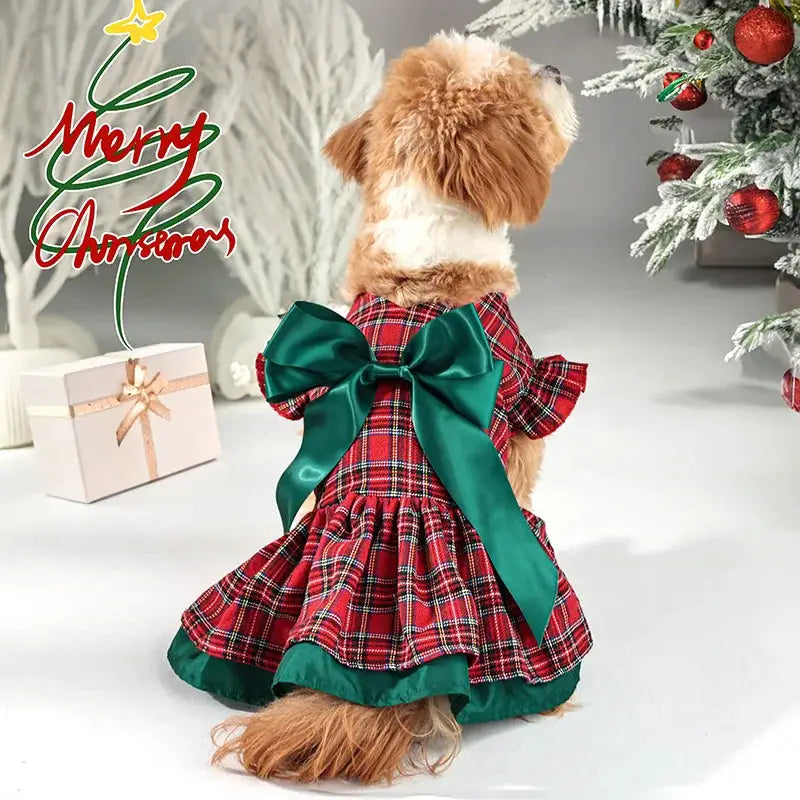 Plaid Christmas Dog Dress with Big Bow, Warm Velvet, S-XL, Holiday Pet Outfit for Small/Medium Dogs by PawHaven