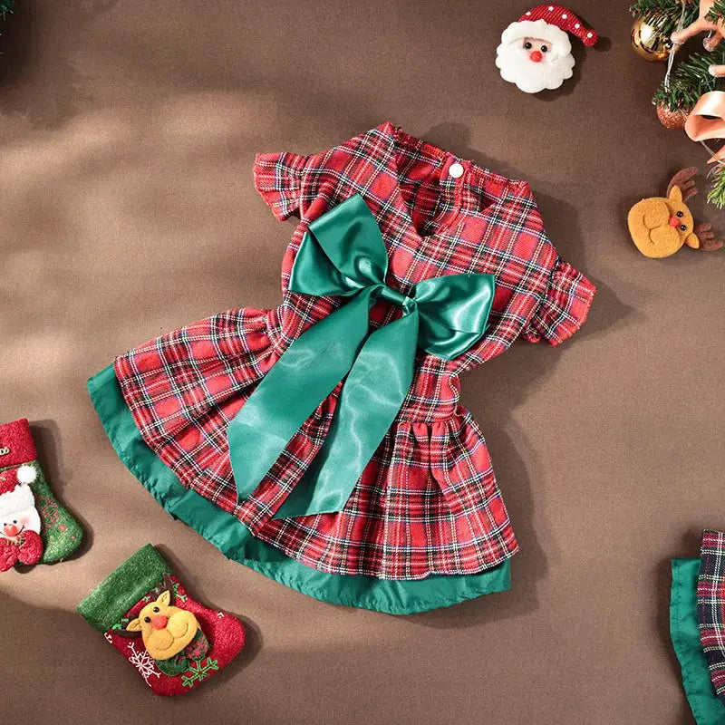 Plaid Christmas Dog Dress with Big Bow, Warm Velvet, S-XL, Holiday Pet Outfit for Small/Medium Dogs by PawHaven