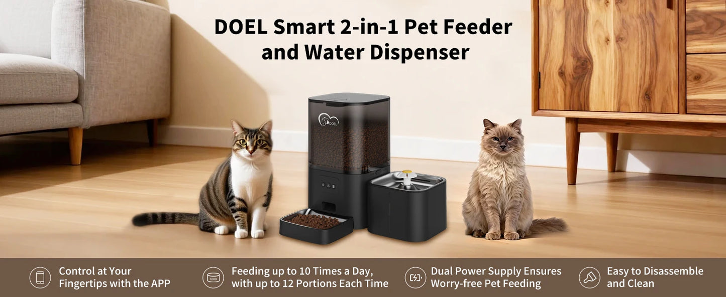 DOEL 2-in-1 Smart Cat Feeder 6L Dry Feeder & 2.5L Cat Water Fountain w/ App Control Timed Feeding For Small Dogs Food Dispenser by PawHaven