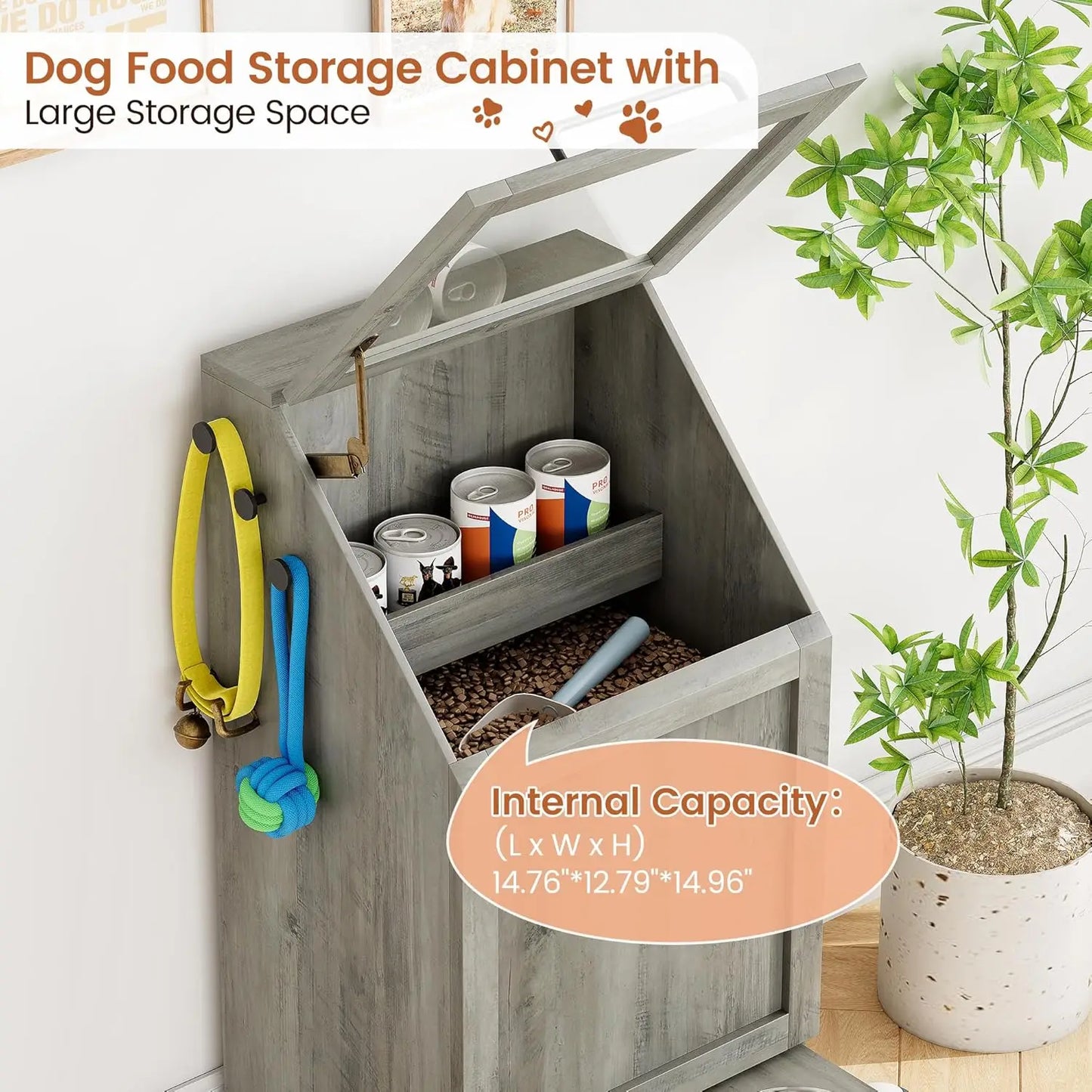 Dog Feeding Station with 2 Elevated Dog Bowls Flip Top Pet Food Cabinet Pet Food Container Pet Toys Storage Organizer by PawHaven