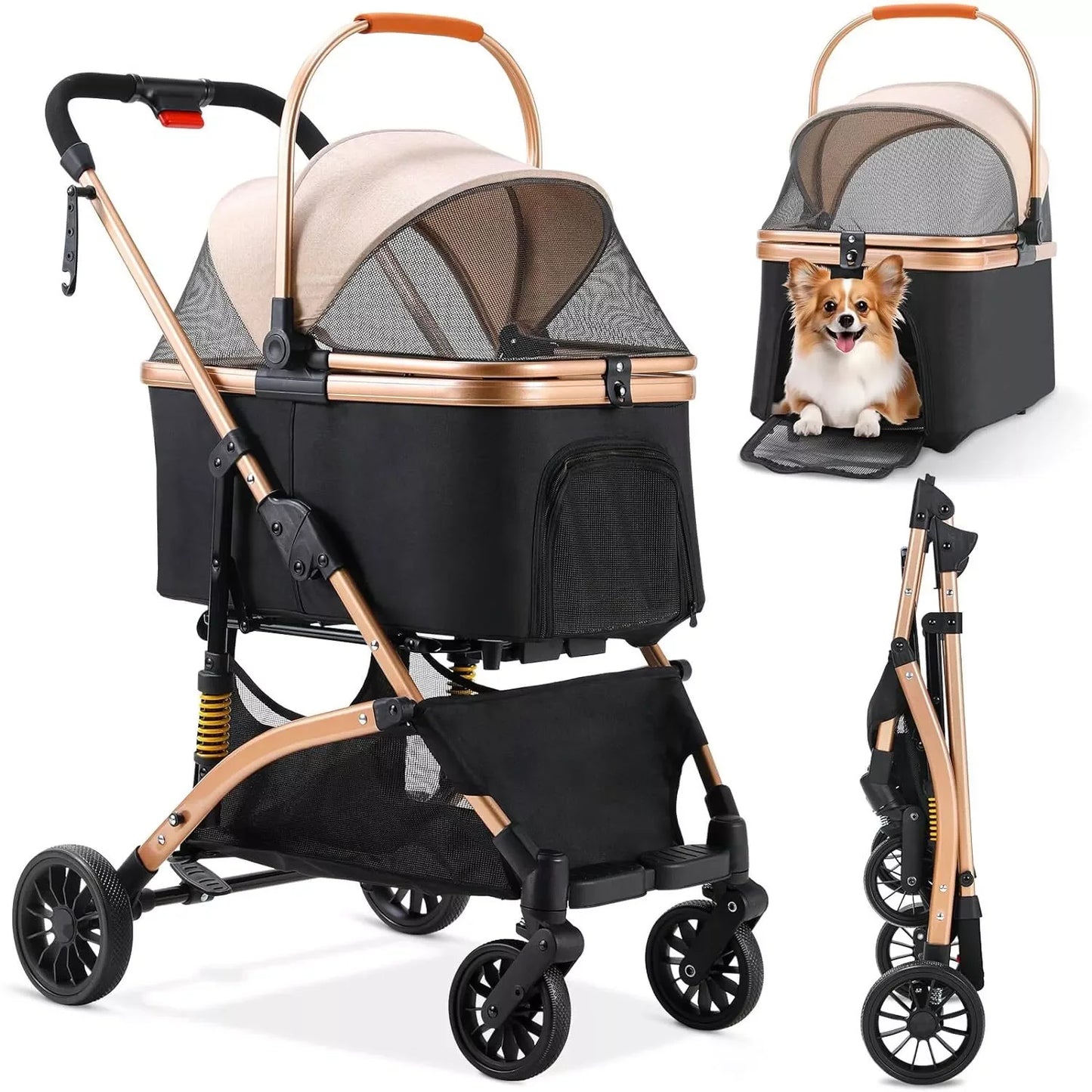 Dog Buggy 2 in 1 Stroller Dog Box Transport Foldable Cat Stroller, 360° Wear-resistant Rubber Wheels, with Storage Basket by PawHaven
