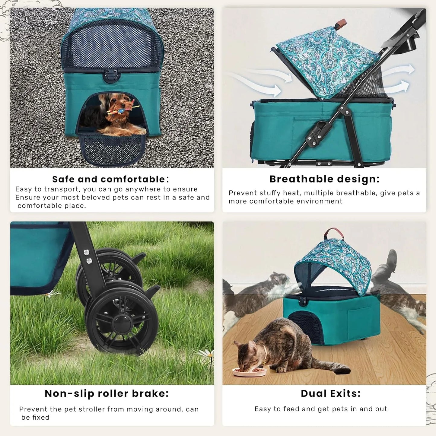 Pet Stroller for Dogs and Cats，Portable Pet Pram, Lightweight Folding Design with Safety Harness and Mesh Ventilation by PawHaven