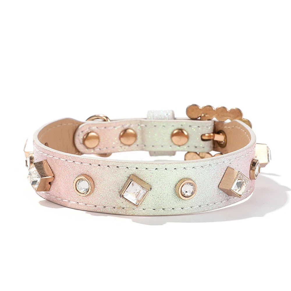 PU Dog Collar Artificial Leather Rhinestone Puppy Necklace Pendant Pet Cat Collar by PawHaven