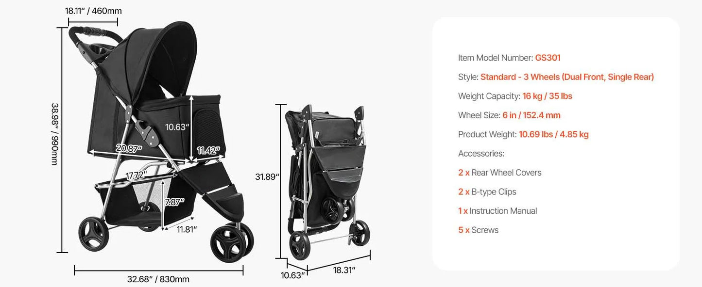 SucceBuy Pet Stroller 35 lbsDog Stroller Cart 4 Wheels Cats Pram w/Carrier & Mesh Animal Carrier w/Brake Small to Medium Pet by PawHaven