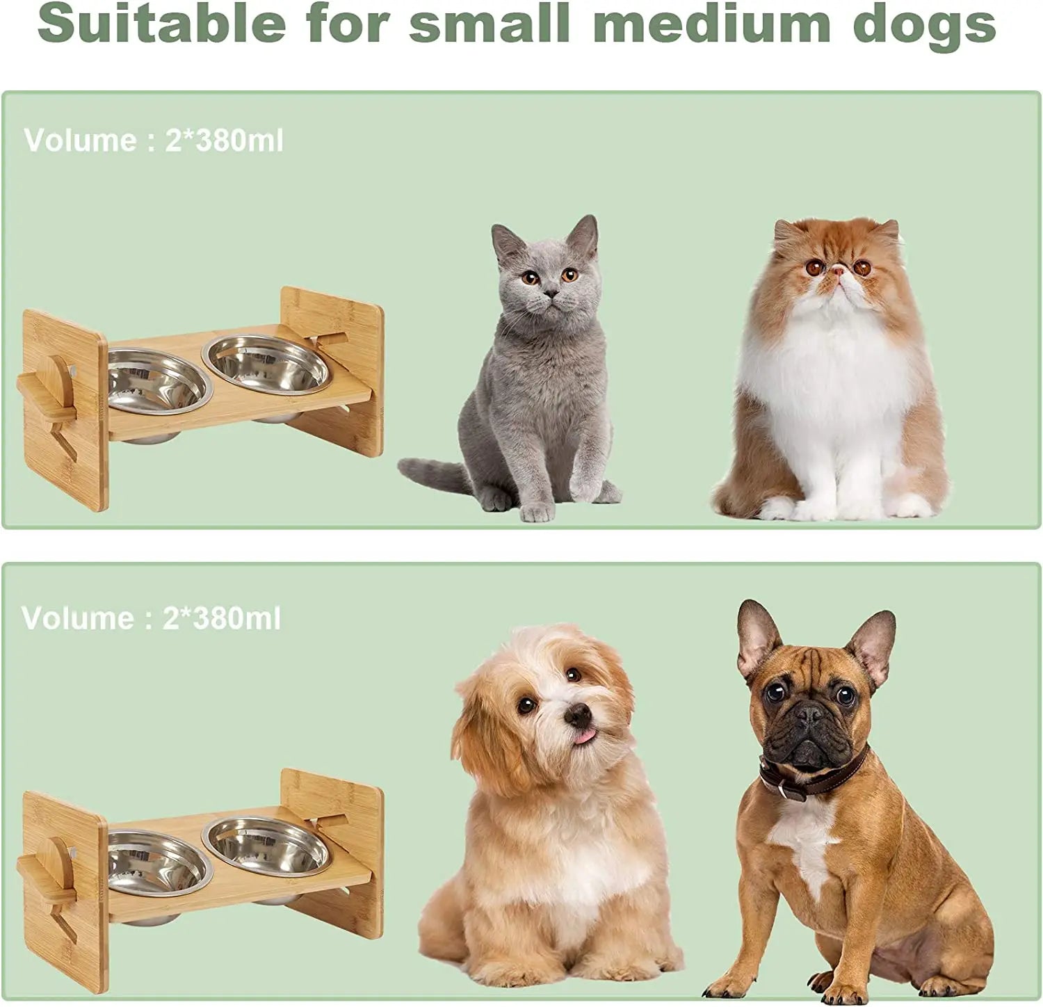 Wooden Raised Cat Bowls, Food Container, Drinking Dish, Bamboo Stand, Stainless Bowl, Height Adjustable by PawHaven