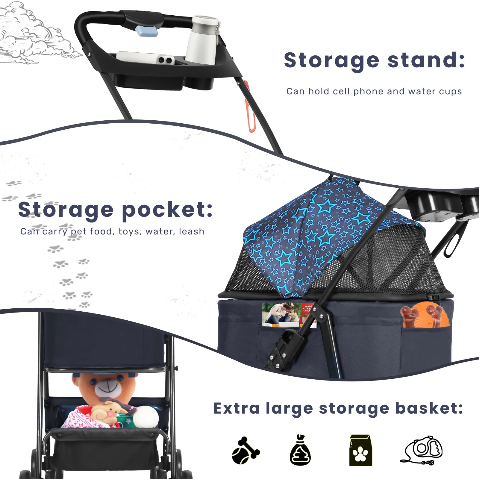 Pet Stroller for Dogs and Cats，Portable Pet Pram, Lightweight Folding Design with Safety Harness and Mesh Ventilation by PawHaven