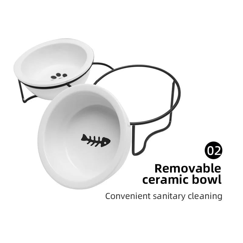 1 Set Elevated Ceramic Cat Bowls 1 Set Non-Slip Ceramic Cat Food And Water Bowls With Iron Bracket, Elevated Tilted Cat Feeder by PawHaven
