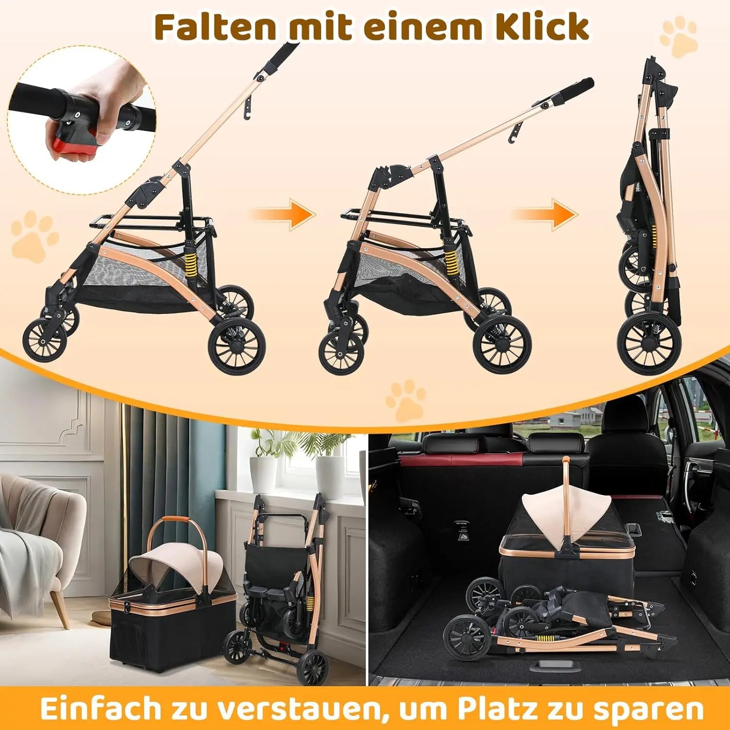 Dog Buggy 2 in 1 Stroller Dog Box Transport Foldable Cat Stroller, 360° Wear-resistant Rubber Wheels, with Storage Basket by PawHaven