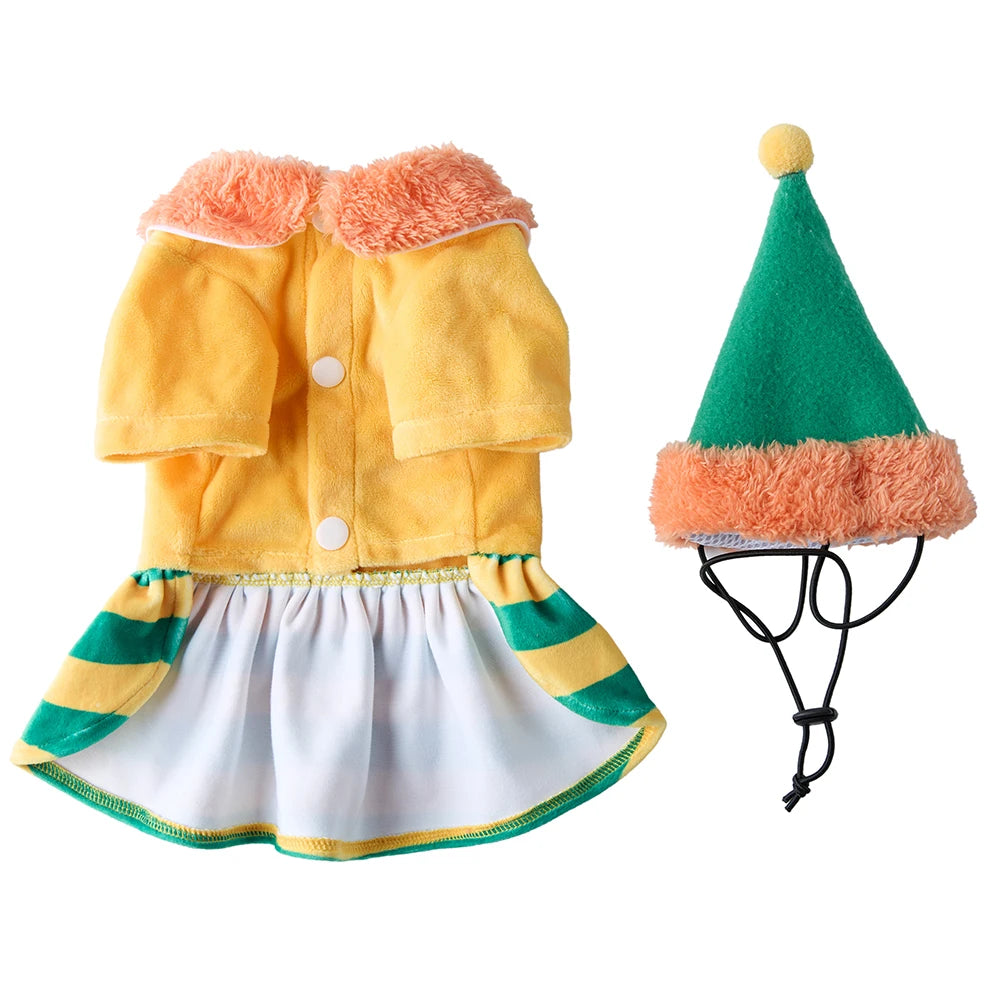 Yellow Striped Skirt Warm Fleece Dog Dress with Hat, Reindeer Xmas Outfit, Soft Winter Pet Costume for Small to MIDDLE Dogs by PawHaven