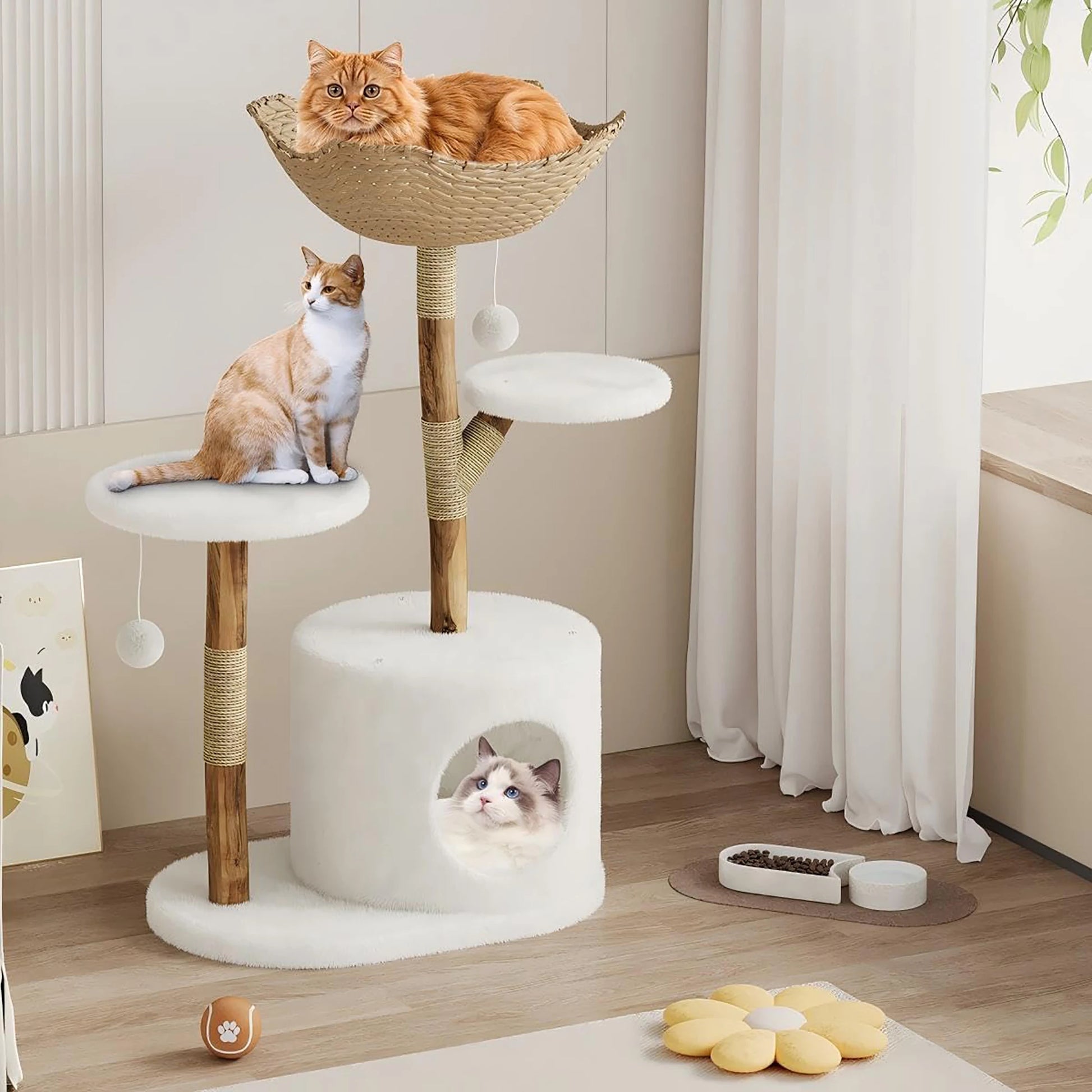 Real Wood Modern Cat Tree Tower With Wicker Condo Scratching Post Bed Boho Luxury Pet Furniture Indoor Cats Space-Saving by PawHaven