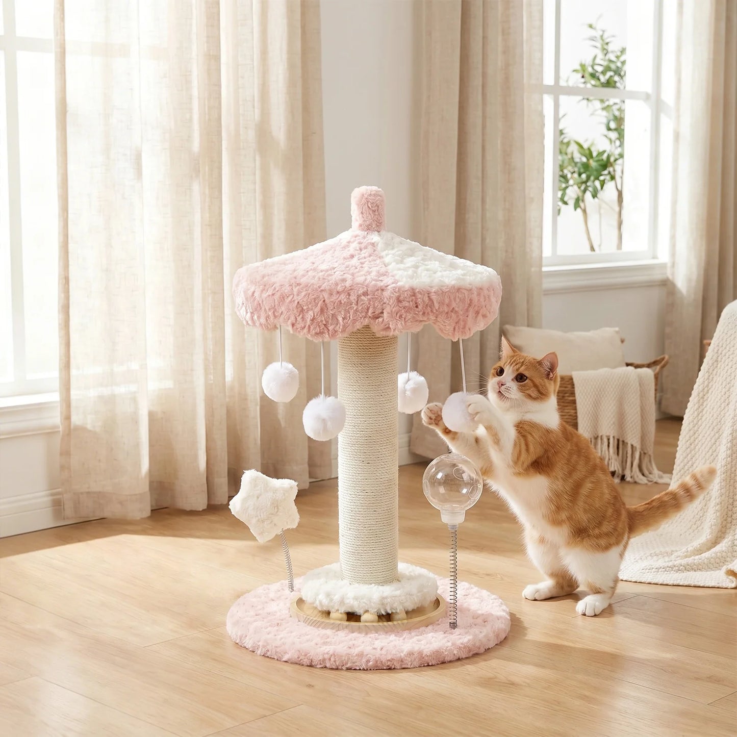 Carousel Cat Scratcher Tower 61cm Sisal Rope Scratching Post With Plush Top Interactive Climbing Toy For Indoor Kittens Cats by PawHaven