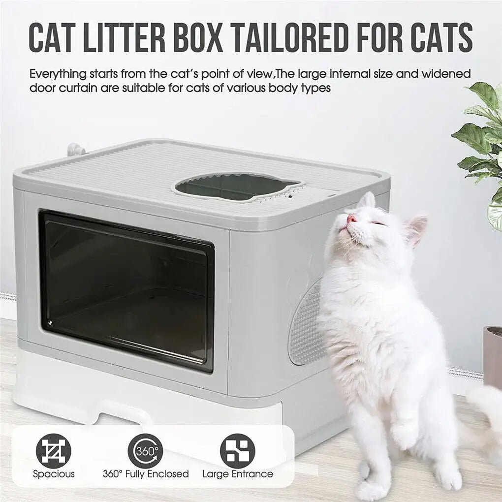 Foldable Cat Litter Box Front Entry & Top Exit Toilet Boxes with Scoop Enclosed Kitty Toilet Tray Pan by PawHaven