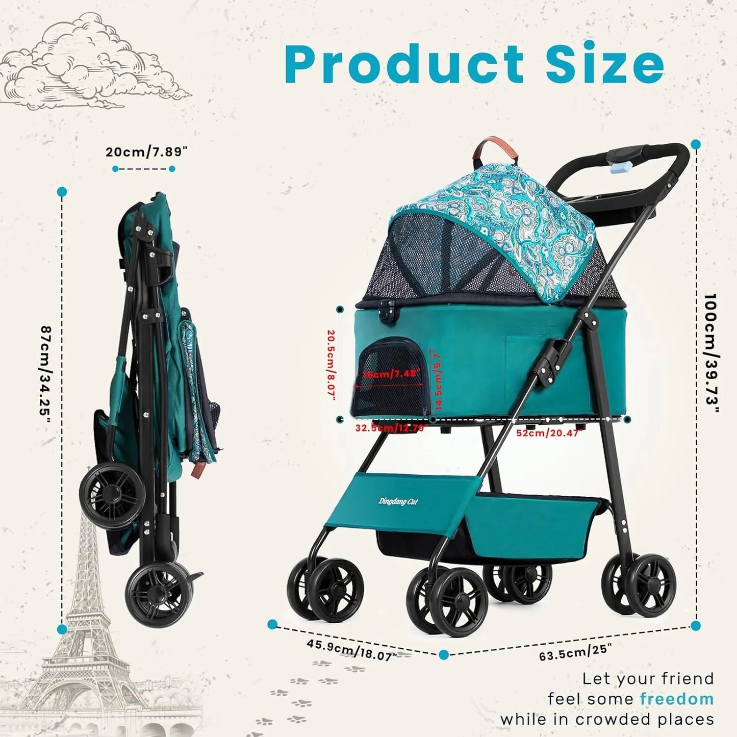 Pet Stroller for Dogs and Cats，Portable Pet Pram, Lightweight Folding Design with Safety Harness and Mesh Ventilation by PawHaven