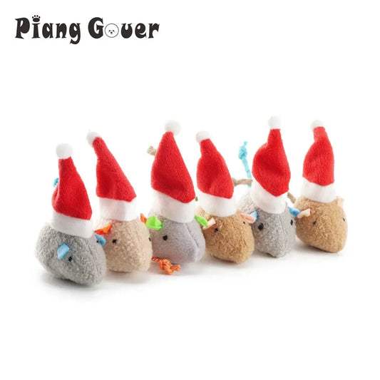6pcs Christmas Hat Mouse Cat Catnip Toy Simulation Teasing Interactive Santa Hat Costume Plush Cat Toy for Pet Gif by PawHaven