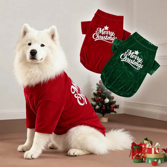 Christmas Velvet Dog Sweatshirt, “Merry Christmas” Print, Warm Soft Pullover, Red/Green, Sizes S–6XL for Small to Large Dogs by PawHaven