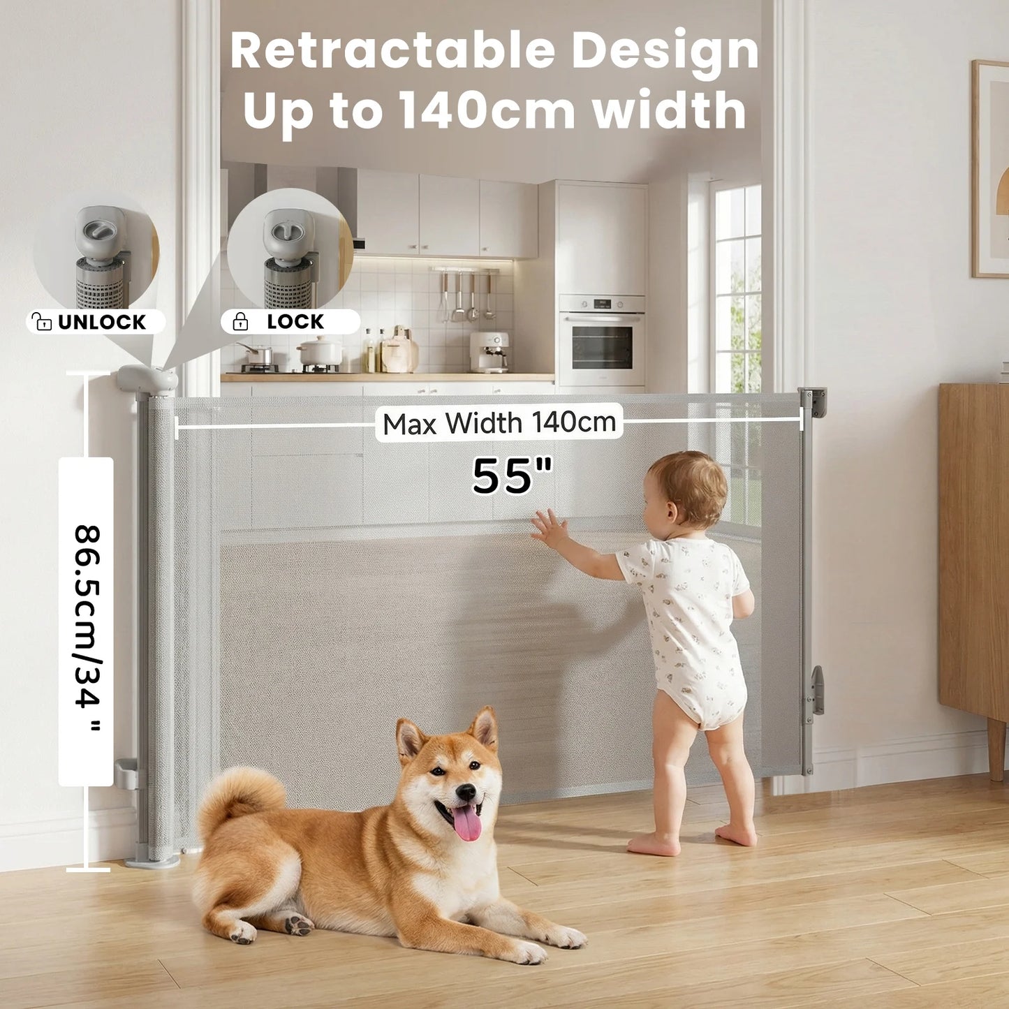 Extendable Stair Gate 0-140 cm Stair Protection Roller Blind Dog Door Gate and Baby Stair Safety Gate for Indoor & Outdoor Use by PawHaven